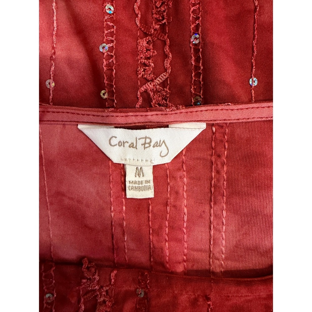 Coral Bay Womens Blouse Red Medium Sequin Ruffle Sleeve Tie Dye Top - Picture 3 of 8
